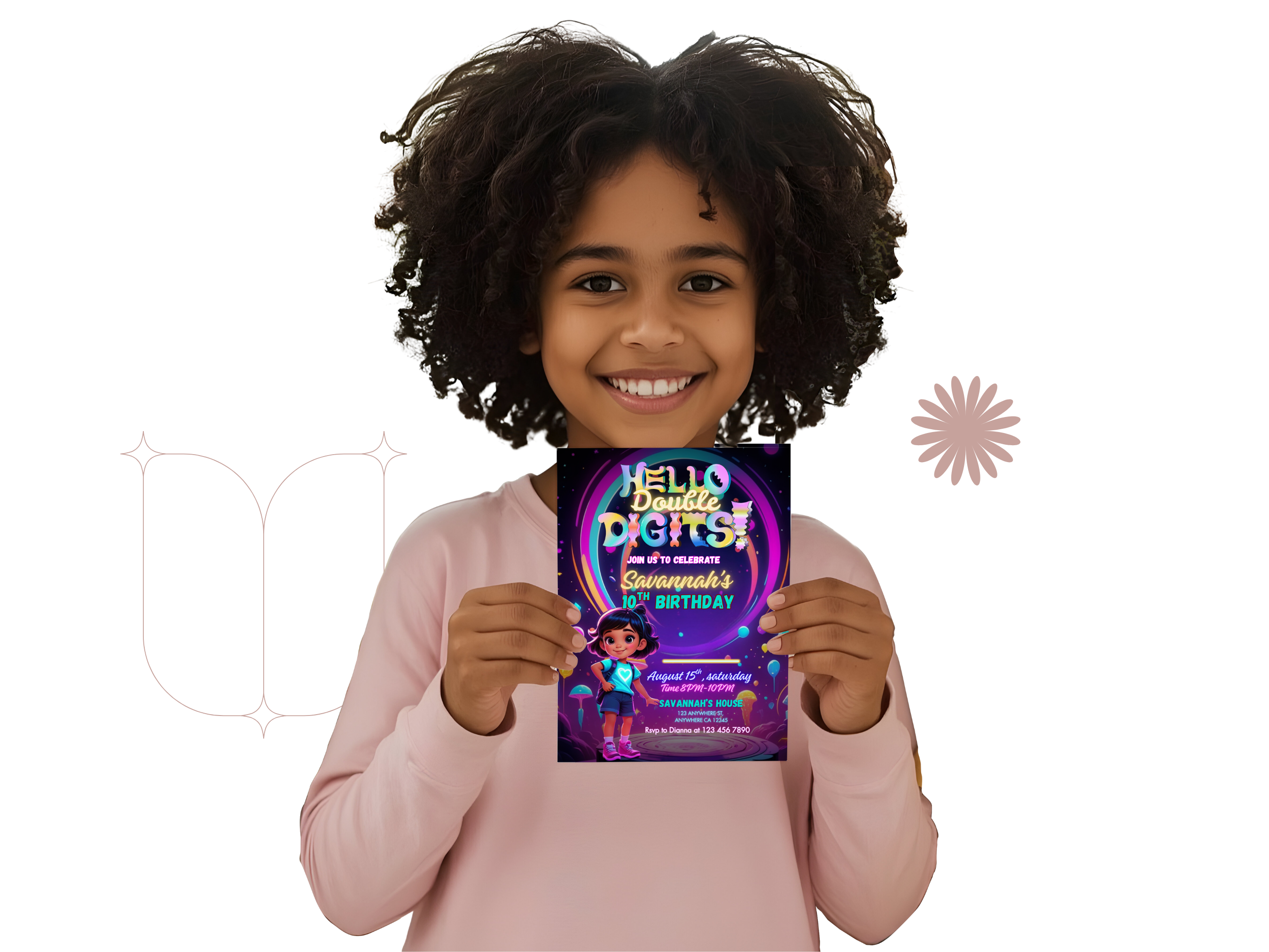Child holding a Dora the Explorer birthday invitation card