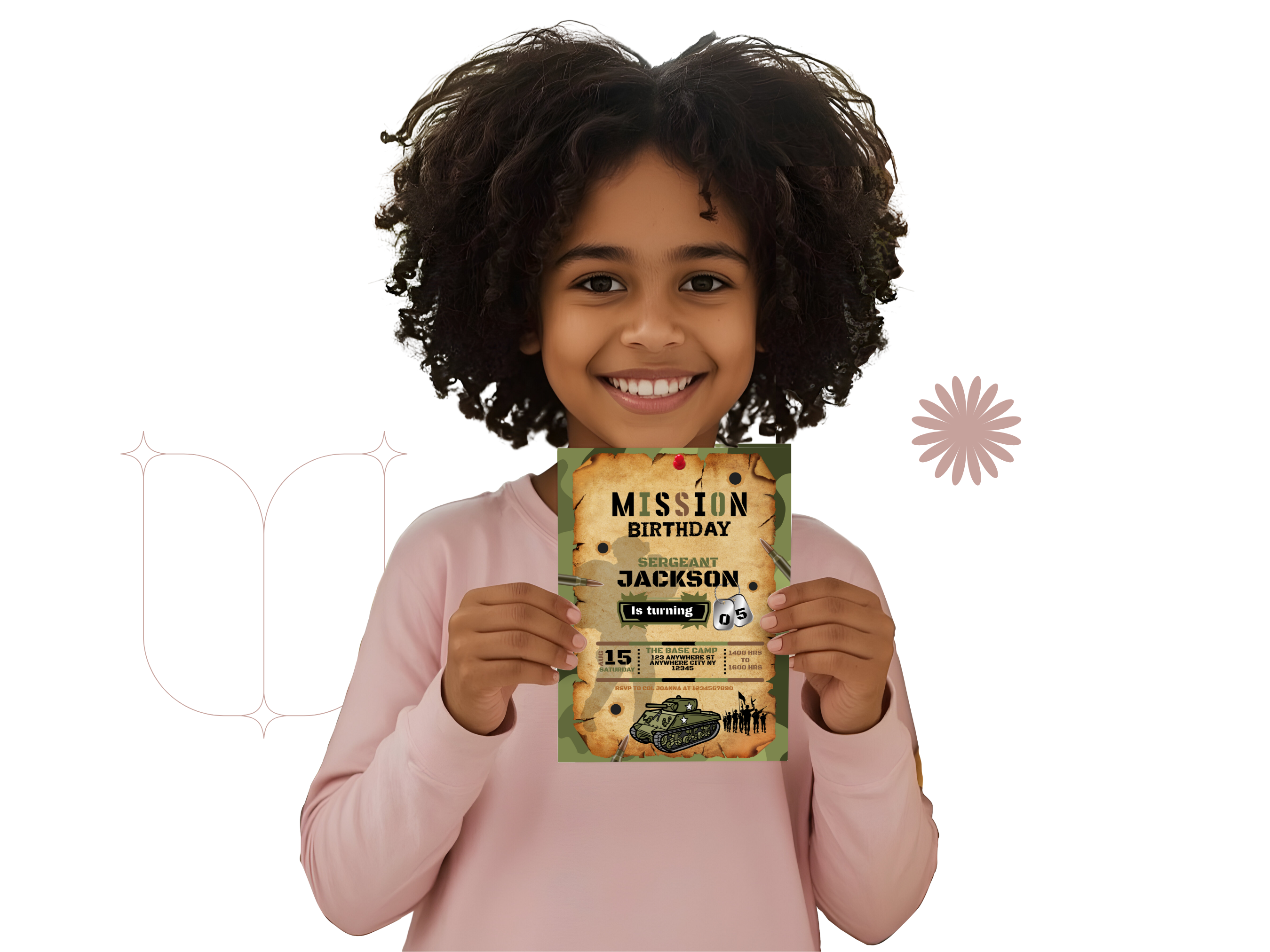 Child holding a birthday invitation card with a white background