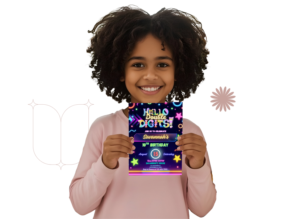 Child holding a colorful birthday invitation card with a white background
