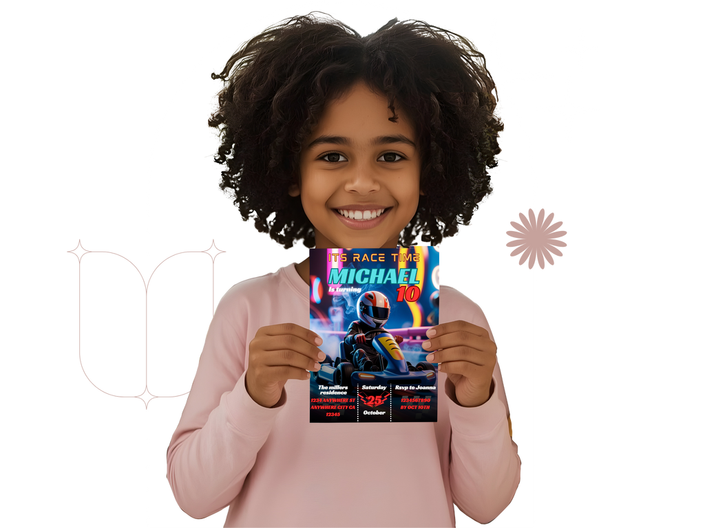 Child holding a book titled 'The Race to Michael' with a white background