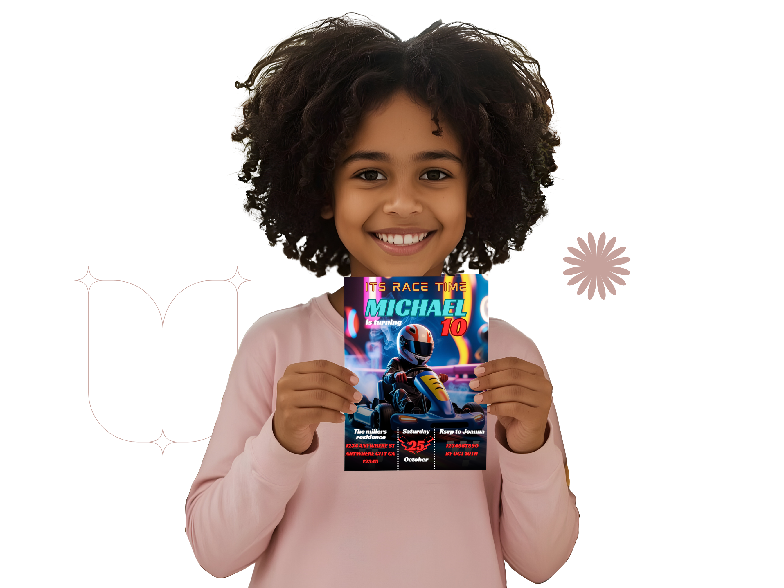 Child holding a book titled 'The Race to Michael' with a white background